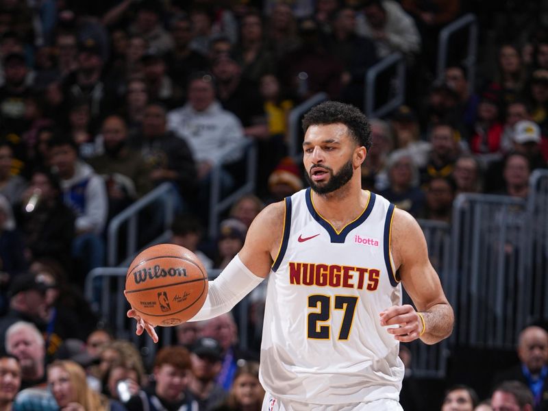 DENVER, CO - FEBRUARY 4: Jamal Murray #27 of the Denver Nuggets handles the ball during the game  on February 4, 2024 at the Ball Arena in Denver, Colorado. NOTE TO USER: User expressly acknowledges and agrees that, by downloading and/or using this Photograph, user is consenting to the terms and conditions of the Getty Images License Agreement. Mandatory Copyright Notice: Copyright 2024 NBAE (Photo by Garrett Ellwood/NBAE via Getty Images)