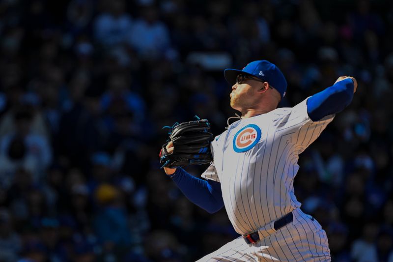 Apr 6, 2024; Chicago, Illinois, USA;  Chicago Cubs pitcher Jordan Wicks (36) delivers during the first inning against the Los Angeles Dodgers at Wrigley Field. Mandatory Credit: Matt Marton-USA TODAY Sports