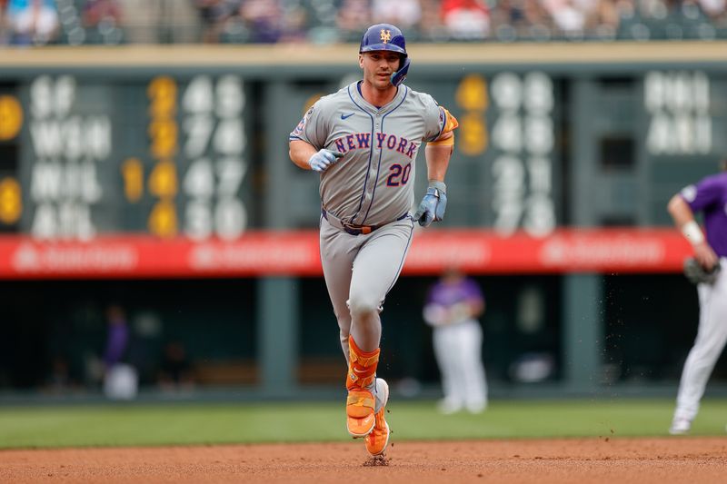 Aug 8, 2024; Denver, Colorado, USA; New York Mets first baseman Pete Alonso (20) rounds the bases on a two run home run in the first inning against the Colorado Rockies at Coors Field. Mandatory Credit: Isaiah J. Downing-USA TODAY Sports