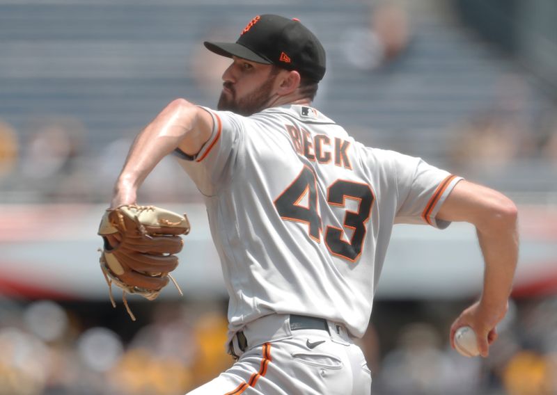 Jul 16, 2023; Pittsburgh, Pennsylvania, USA; San Francisco Giants relief pitcher Tristan Beck (43) pitches gainst the Pittsburgh Pirates during the sixth inning at PNC Park. Mandatory Credit: Charles LeClaire-USA TODAY Sports