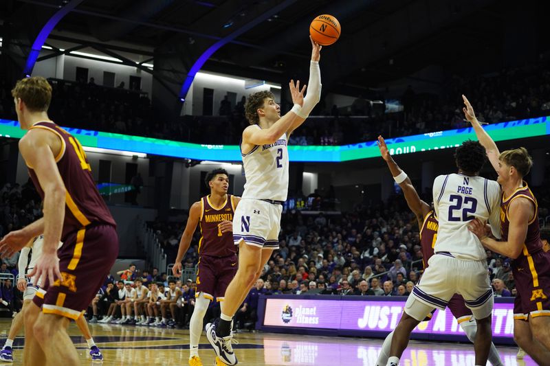 Jan 3, 2026; Evanston, Illinois, USA; Northwestern Wildcats forward Nick Martinelli (2) shoots the ball against the Minnesota Golden Gophers during the first half at Welsh-Ryan Arena. Mandatory Credit: David Banks-Imagn Images