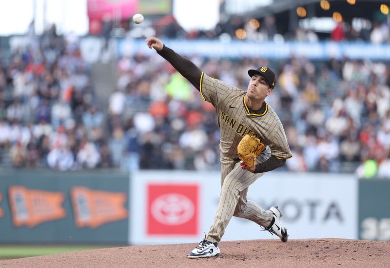 Jun 3, 2025; San Francisco, California, USA; San Diego Padres starting pitcher Ryan Bergert (38) pitches the ball against the San Francisco Giants during the first inning at Oracle Park. Mandatory Credit: Kelley L Cox-Imagn Images