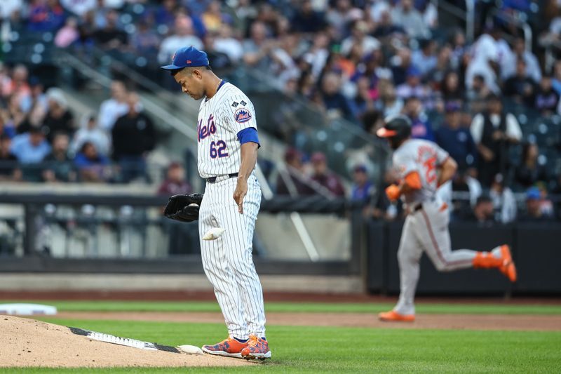 Aug 20, 2024; New York City, New York, USA;  New York Mets starting pitcher Jose Quintana (62) reacts after giving up a two-run home run to Baltimore Orioles right fielder Anthony Santander (25) in the first inning at Citi Field. Mandatory Credit: Wendell Cruz-USA TODAY Sports