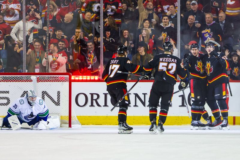 Dec 2, 2023; Calgary, Alberta, CAN; Calgary Flames center Mikael Backlund (11) celebrates his goal with teammates against Vancouver Canucks goaltender Thatcher Demko (35) during the first period at Scotiabank Saddledome. Mandatory Credit: Sergei Belski-USA TODAY Sports