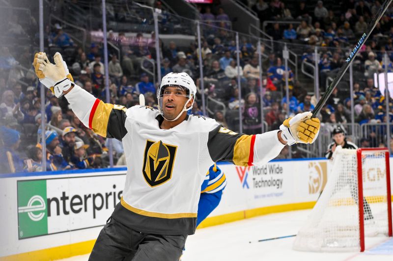Jan 2, 2026; St. Louis, Missouri, USA; Vegas Golden Knights right wing Keegan Kolesar (55) reacts after scoring against the St. Louis Blues during the first period at Enterprise Center. Mandatory Credit: Jeff Curry-Imagn Images