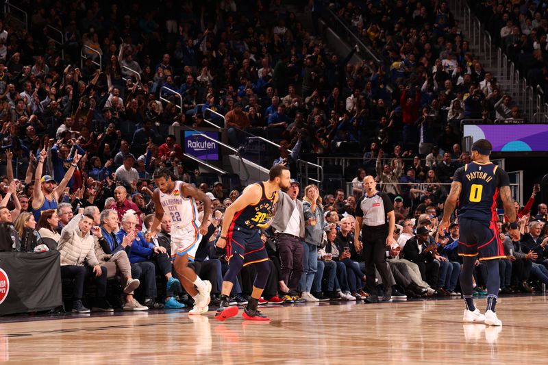 SAN FRANCISCO, CA - JANUARY 29: Stephen Curry #30 of the Golden State Warriors celebrates during the game against the Oklahoma City Thunder on January 29, 2025 at Chase Center in San Francisco, California. NOTE TO USER: User expressly acknowledges and agrees that, by downloading and or using this photograph, user is consenting to the terms and conditions of Getty Images License Agreement. Mandatory Copyright Notice: Copyright 2025 NBAE (Photo by Jed Jacobsohn/NBAE via Getty Images)