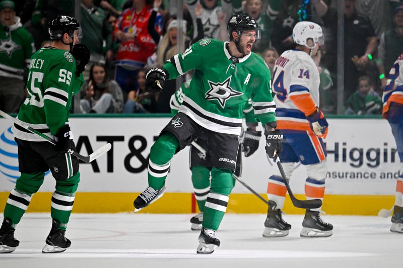 Oct 12, 2024; Dallas, Texas, USA; Dallas Stars center Tyler Seguin (91) celebrates after he scores a goal against the New York Islanders during the first period at the American Airlines Center. Mandatory Credit: Jerome Miron-Imagn Images