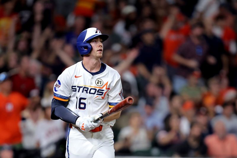 Sep 15, 2025; Houston, Texas, USA; Houston Astros right fielder Zach Cole (16) hits a two run home run to right field against the Texas Rangers during the fifth inning at Daikin Park. Mandatory Credit: Erik Williams-Imagn Images