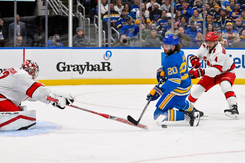 Oct 19, 2024; St. Louis, Missouri, USA;  Carolina Hurricanes goaltender Pyotr Kochetkov (52) defends the net against St. Louis Blues left wing Brandon Saad (20) during the second period at Enterprise Center. Mandatory Credit: Jeff Curry-Imagn Images