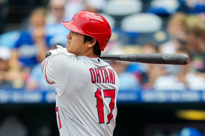 Jun 18, 2023; Kansas City, Missouri, USA; Los Angeles Angels designated hitter Shohei Ohtani (17) hits a home run during the fifth inning against the Kansas City Royals at Kauffman Stadium. Mandatory Credit: Jay Biggerstaff-USA TODAY Sports