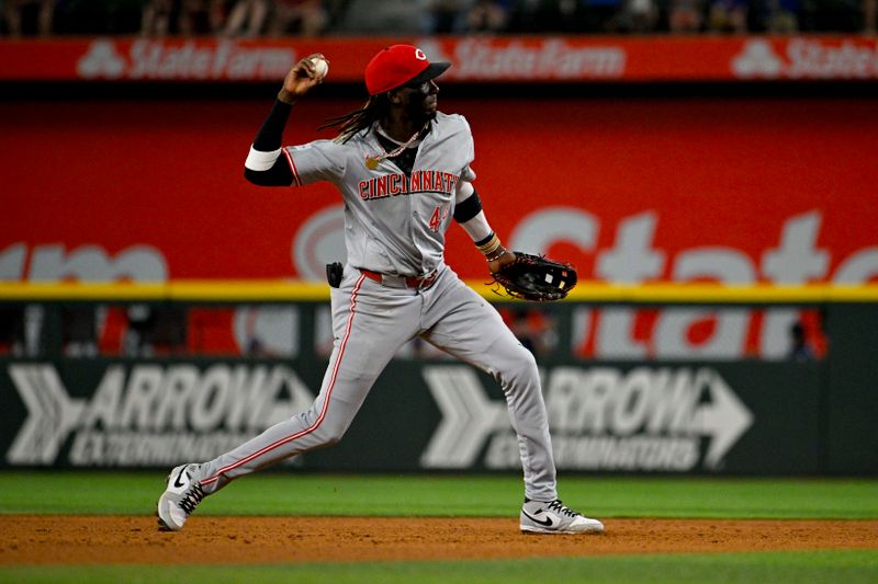 Apr 27, 2024; Arlington, Texas, USA; Cincinnati Reds shortstop Elly De La Cruz (44) throws to first base for the final out during the ninth inning against the Texas Rangers at Globe Life Field. Mandatory Credit: Jerome Miron-USA TODAY Sports