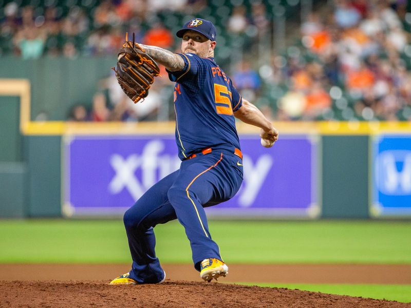 Aug 21, 2023; Houston, Texas, USA; Houston Astros relief pitcher Ryan Pressly (55) pitches against  the Boston Red Sox in the ninth inning at Minute Maid Park. Mandatory Credit: Thomas Shea-USA TODAY Sports