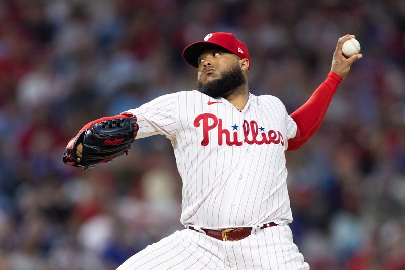 Jun 9, 2023; Philadelphia, Pennsylvania, USA; Philadelphia Phillies pitcher Jose Alvarado throws a pitch during the eighth inning against the Los Angeles Dodgers at Citizens Bank Park. Mandatory Credit: Bill Streicher-USA TODAY Sports