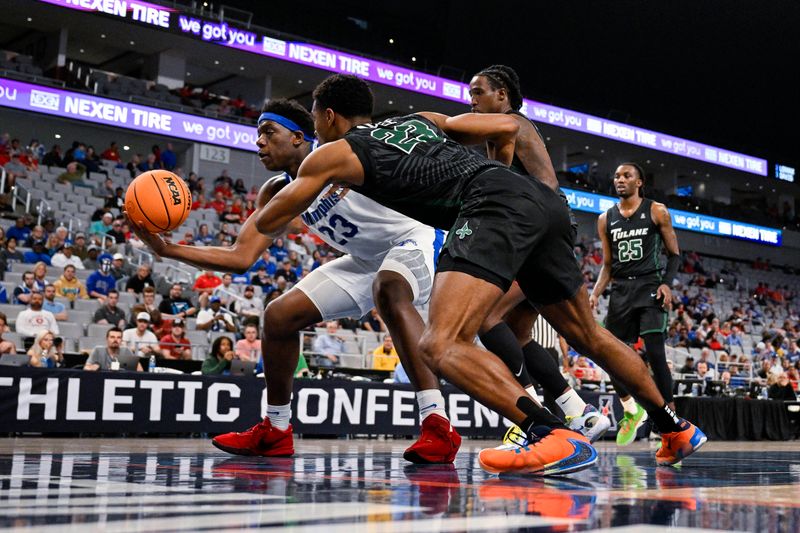 Mar 11, 2023; Fort Worth, TX, USA; Memphis Tigers forward Malcolm Dandridge (23) and Tulane Green Wave guard R.J. McGee (23) battle for control of the loose ball during the first half at Dickies Arena. Mandatory Credit: Jerome Miron-USA TODAY Sports