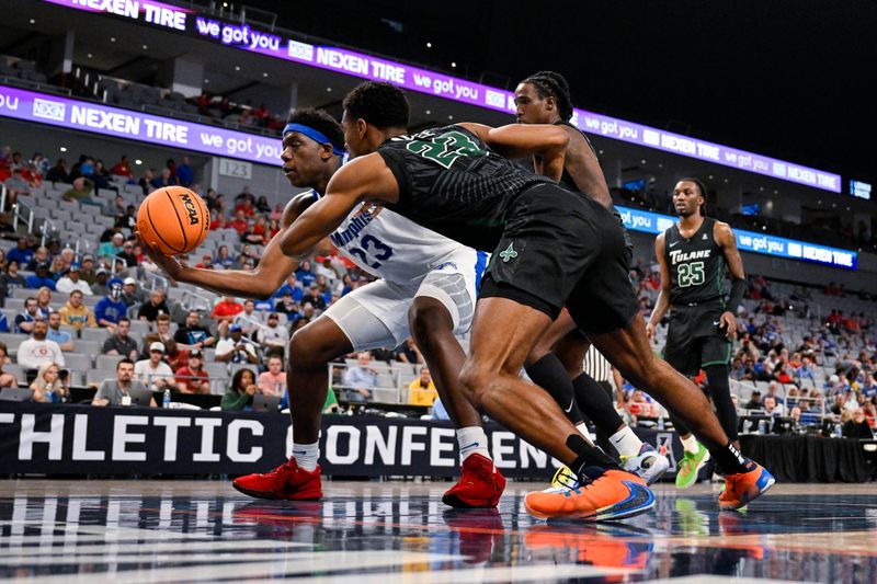 Mar 11, 2023; Fort Worth, TX, USA; Memphis Tigers forward Malcolm Dandridge (23) and Tulane Green Wave guard R.J. McGee (23) battle for control of the loose ball during the first half at Dickies Arena. Mandatory Credit: Jerome Miron-USA TODAY Sports