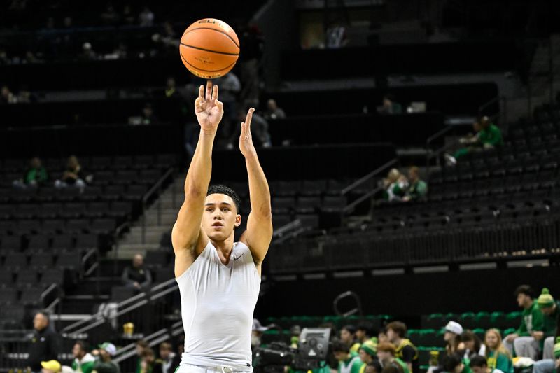 Jan 18, 2025; Eugene, Oregon, USA; Oregon Ducks guard Jackson Shelstad (3) shoots the ball before the game against the Purdue Boilermakers at Matthew Knight Arena. Mandatory Credit: Craig Strobeck-Imagn Images