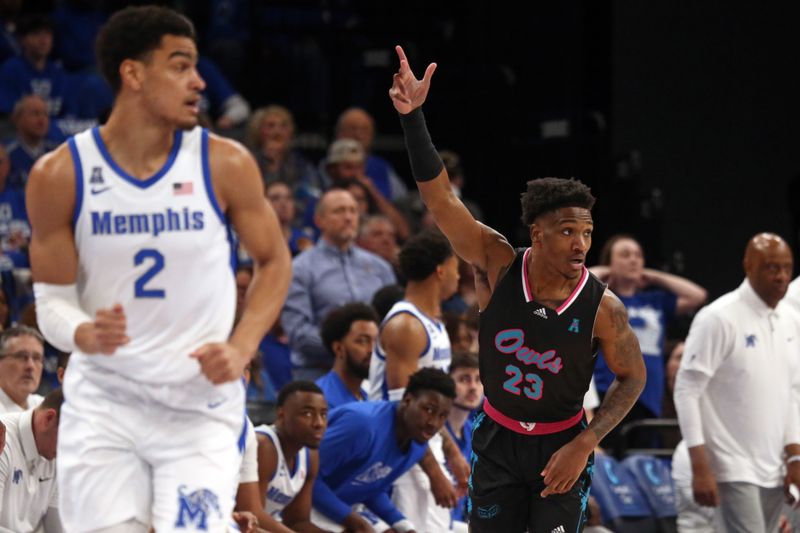 Feb 25, 2024; Memphis, Tennessee, USA; Florida Atlantic Owls guard Brandon Weatherspoon (23) reacts after a three point basket during the first half against the Memphis Tigers at FedExForum. Mandatory Credit: Petre Thomas-USA TODAY Sports