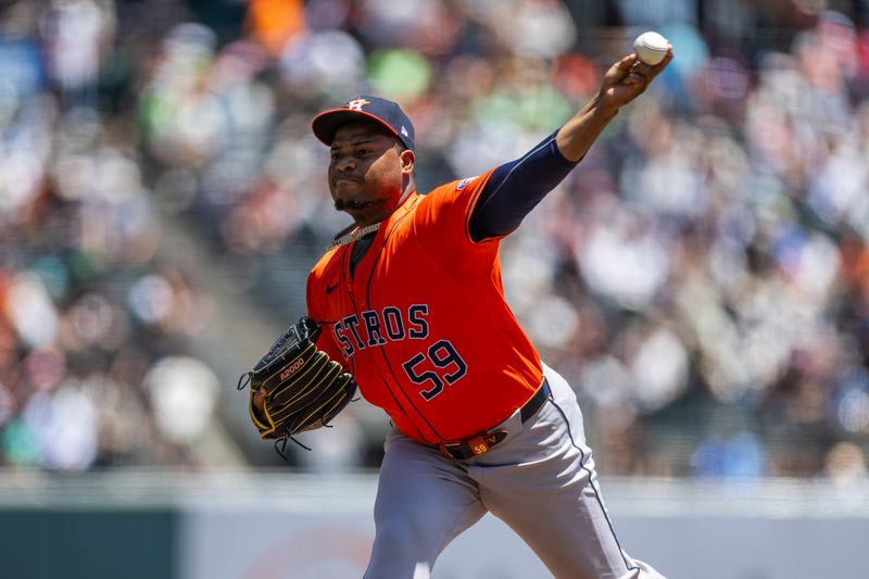 Jun 12, 2024; San Francisco, California, USA;  Houston Astros pitcher Framber Valdez (59) throws a pitch during the first inning against the San Francisco Giants at Oracle Park. Mandatory Credit: Bob Kupbens-USA TODAY Sports