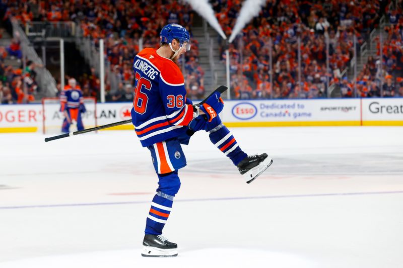 May 25, 2025; Edmonton, Alberta, CAN; Edmonton Oilers defenseman John Klingberg (36) celebrates after he scores a power play goal against the Dallas Stars during the third period in game three of the Western Conference Final of the 2025 Stanley Cup Playoffs at Rogers Place. Mandatory Credit: Perry Nelson-Imagn Images