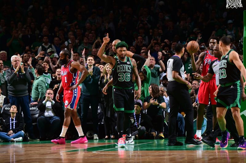 BOSTON, MA - MAY 1: Marcus Smart #36 of the Boston Celtics celebrates a play during Round Two Game One of the 2023 NBA Playoffs on May 1, 2023 at the TD Garden in Boston, Massachusetts. NOTE TO USER: User expressly acknowledges and agrees that, by downloading and or using this photograph, User is consenting to the terms and conditions of the Getty Images License Agreement. Mandatory Copyright Notice: Copyright 2023 NBAE  (Photo by Brian Babineau/NBAE via Getty Images)