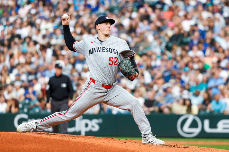 May 30, 2025; Seattle, Washington, USA; Minnesota Twins starting pitcher Zebby Matthews (52) throws against the Seattle Mariners during the fourth inning at T-Mobile Park. Mandatory Credit: Joe Nicholson-Imagn Images
