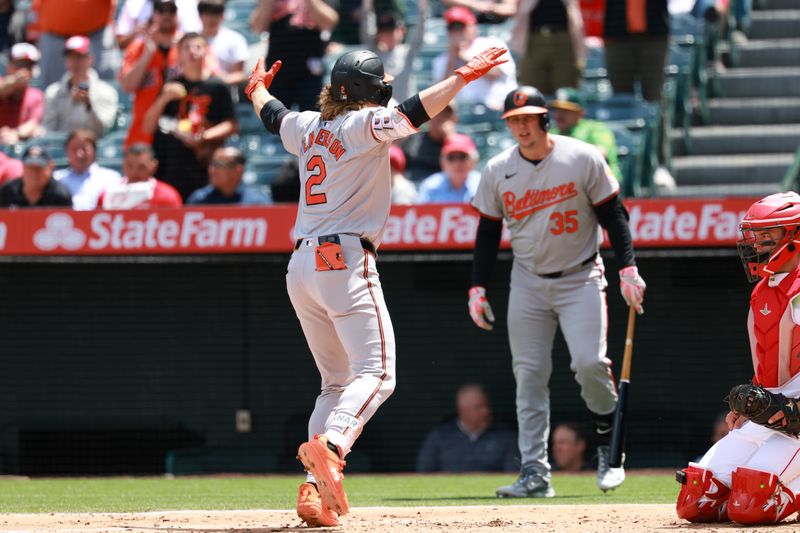 Apr 24, 2024; Anaheim, California, USA;  Baltimore Orioles shortstop Gunnar Henderson (2) reacts after hitting a home run during the third inning against the Los Angeles Angels at Angel Stadium. Mandatory Credit: Kiyoshi Mio-USA TODAY Sports