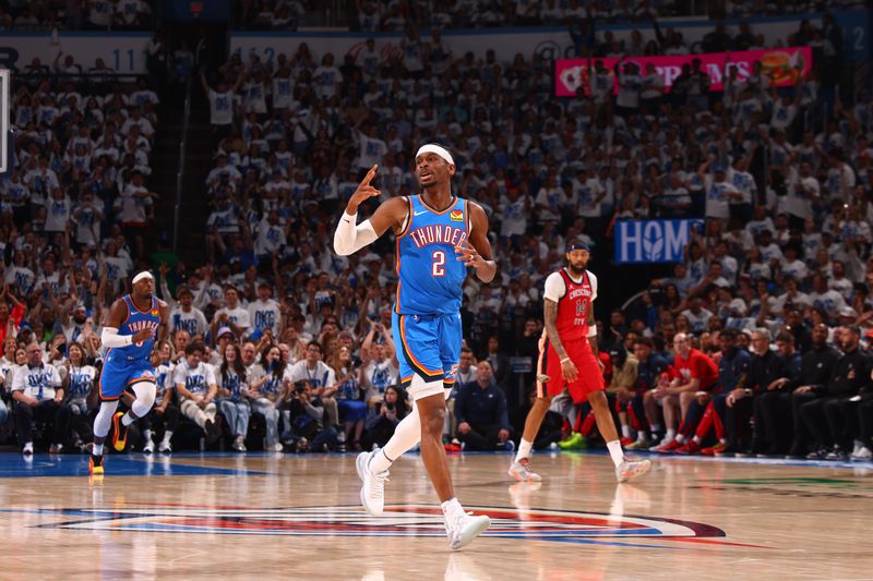 OKLAHOMA CITY, OK - APRIL 24: Shai Gilgeous-Alexander #2 of the Oklahoma City Thunder celebrates during the game against the New Orleans Pelicans during Round 1 Game 2 of the 2024 NBA Playoffs on April 24, 2024 at Paycom Arena in Oklahoma City, Oklahoma. NOTE TO USER: User expressly acknowledges and agrees that, by downloading and or using this photograph, User is consenting to the terms and conditions of the Getty Images License Agreement. Mandatory Copyright Notice: Copyright 2024 NBAE (Photo by Zach Beeker/NBAE via Getty Images)