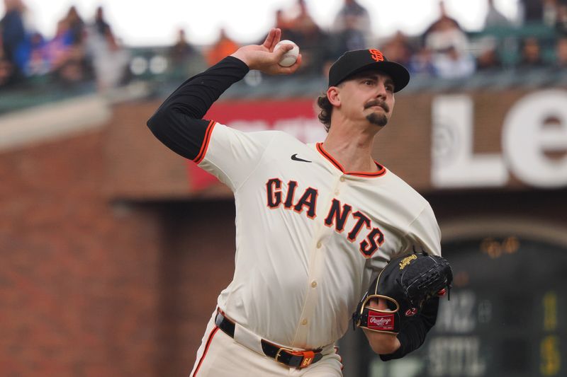 Apr 24, 2024; San Francisco, California, USA; San Francisco Giants relief pitcher Sean Hjelle (64) pitches the ball against the New York Mets during the third inning at Oracle Park. Mandatory Credit: Kelley L Cox-USA TODAY Sports