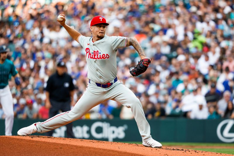 Aug 3, 2024; Seattle, Washington, USA; Philadelphia Phillies starting pitcher Orion Kerkering (50) throws against the Seattle Mariners during the first inning at T-Mobile Park. Mandatory Credit: Joe Nicholson-USA TODAY Sports