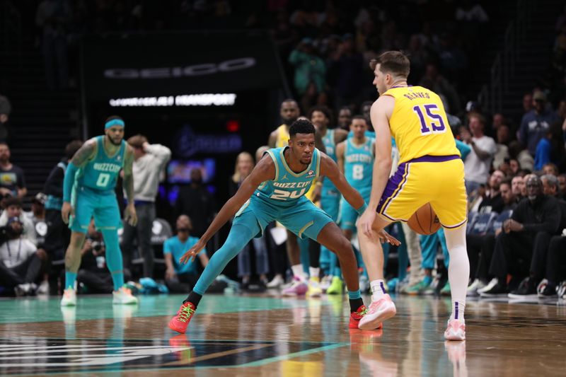 CHARLOTTE, NC - FEBRUARY 5: Brandon Miller #24 of the Charlotte Hornets plays defense during the game against the Los Angeles Lakers on February 5, 2024 at Spectrum Center in Charlotte, North Carolina. NOTE TO USER: User expressly acknowledges and agrees that, by downloading and or using this photograph, User is consenting to the terms and conditions of the Getty Images License Agreement.  Mandatory Copyright Notice:  Copyright 2024 NBAE (Photo by Brock Williams-Smith/NBAE via Getty Images)