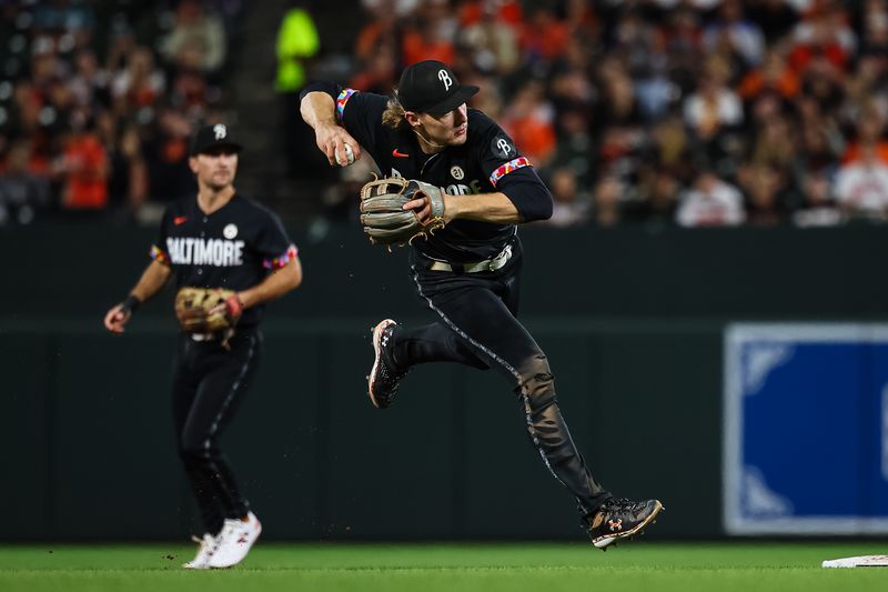 Sep 15, 2023; Baltimore, Maryland, USA; Baltimore Orioles third baseman Gunnar Henderson (2) makes a play to retire Tampa Bay Rays center fielder Manuel Margot (13) during the eighth inning at Oriole Park at Camden Yards. Mandatory Credit: Scott Taetsch-USA TODAY Sports