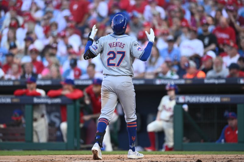 Oct 6, 2024; Philadelphia, Pennsylvania, USA; New York Mets third base Mark Vientos (27) celebrates after hitting a two-run home-run in the third inning against the Philadelphia Phillies during game two of the NLDS for the 2024 MLB Playoffs at Citizens Bank Park. Mandatory Credit: Kyle Ross-Imagn Images