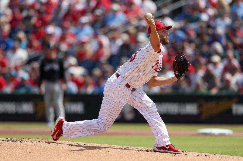 Mar 4, 2025; Clearwater, Florida, USA; Philadelphia Phillies pitcher Zack Wheeler (45) throws a pitch against the New York Yankees in the first inning during spring training at BayCare Ballpark. Mandatory Credit: Nathan Ray Seebeck-Imagn Images