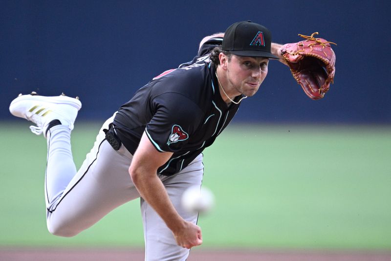 Jul 6, 2024; San Diego, California, USA; Arizona Diamondbacks starting pitcher Brandon Pfaadt (32) pitches against the San Diego Padres during the first inning at Petco Park. Mandatory Credit: Orlando Ramirez-USA TODAY Sports