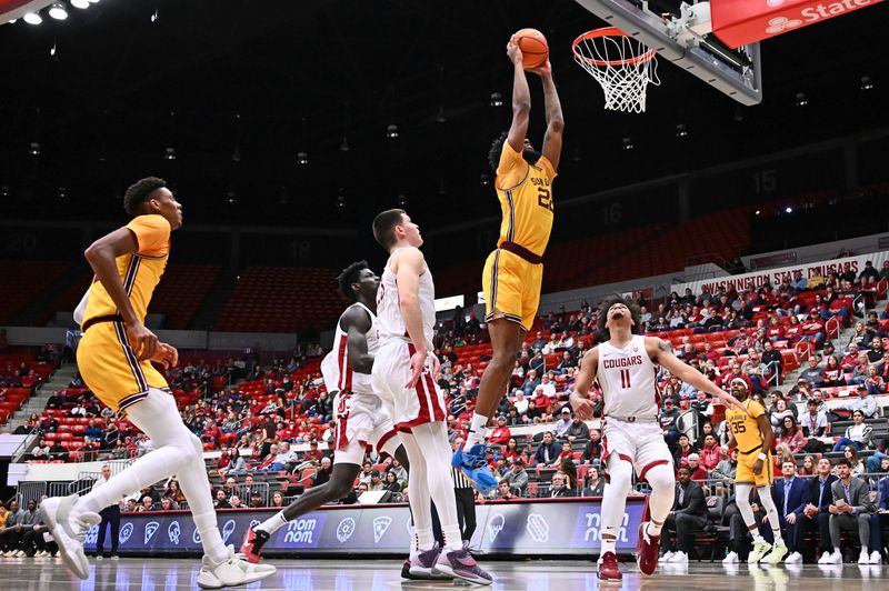 Jan 28, 2023; Pullman, Washington, USA; Arizona State Sun Devils forward Warren Washington (22) dunks the ball against Washington State Cougars forward DJ Rodman (11) in the first half at Friel Court at Beasley Coliseum. Mandatory Credit: James Snook-USA TODAY Sports