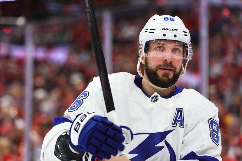 Apr 21, 2024; Sunrise, Florida, USA; Tampa Bay Lightning right wing Nikita Kucherov (86) looks on against the Florida Panthers during the second period in game one of the first round of the 2024 Stanley Cup Playoffs at Amerant Bank Arena. Mandatory Credit: Sam Navarro-USA TODAY Sports