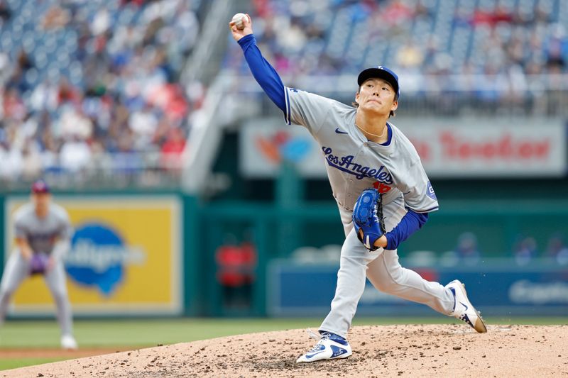 Apr 25, 2024; Washington, District of Columbia, USA; Los Angeles Dodgers starting pitcher Yoshinobu Yamamoto (18) pitches against the Washington Nationals during the third inning at Nationals Park. Mandatory Credit: Geoff Burke-USA TODAY Sports