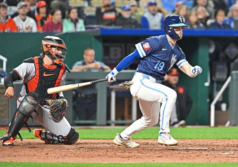 Apr 19, 2024; Kansas City, Missouri, USA; Kansas City Royals second baseman Michael Massey (19) singles in two runs in the sixth inning against the Baltimore Orioles at Kauffman Stadium. Mandatory Credit: Peter Aiken-USA TODAY Sports