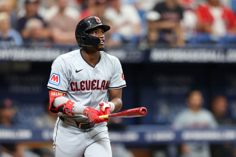 Jul 13, 2024; St. Petersburg, Florida, USA; Cleveland Guardians outfielder Angel Martinez (1) hits a home run against the Tampa Bay Rays in the fifth inning at Tropicana Field. Mandatory Credit: Nathan Ray Seebeck-USA TODAY Sports