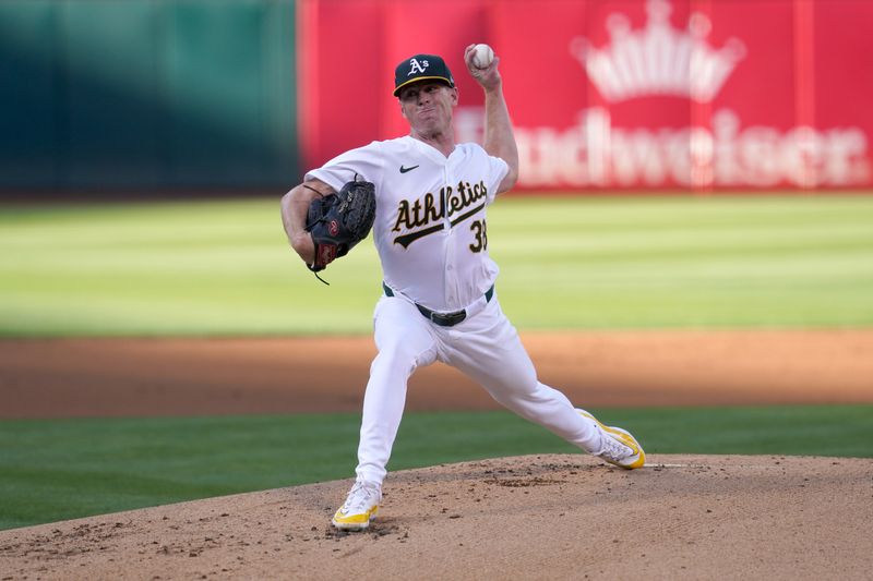 Jul 19, 2024; Oakland, California, USA; Oakland Athletics pitcher JP Sears (38) delivers a pitch against the Los Angeles Angels in the first inning at Oakland-Alameda County Coliseum. Mandatory Credit: Cary Edmondson-USA TODAY Sports