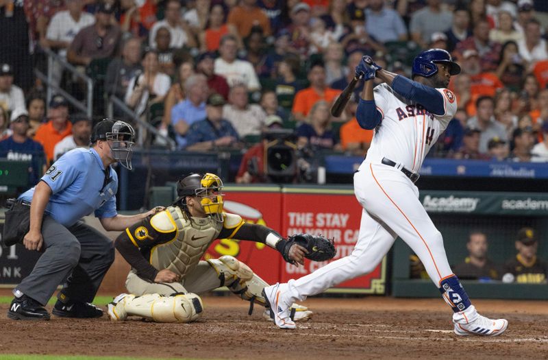 Sep 9, 2023; Houston, Texas, USA; Houston Astros designated hitter Yordan Alvarez (44) hits a two run RBI double against the San Diego Padres in the fifth inning at Minute Maid Park. Mandatory Credit: Thomas Shea-USA TODAY Sports