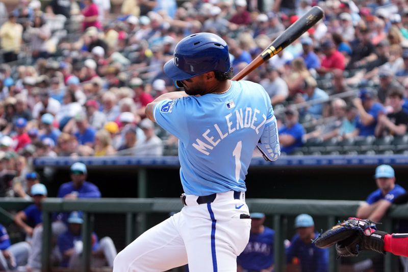 Mar 23, 2024; Surprise, Arizona, USA; Kansas City Royals right fielder MJ Melendez (1) bats against the Texas Rangers during the first inning at Surprise Stadium. Mandatory Credit: Joe Camporeale-USA TODAY Sports