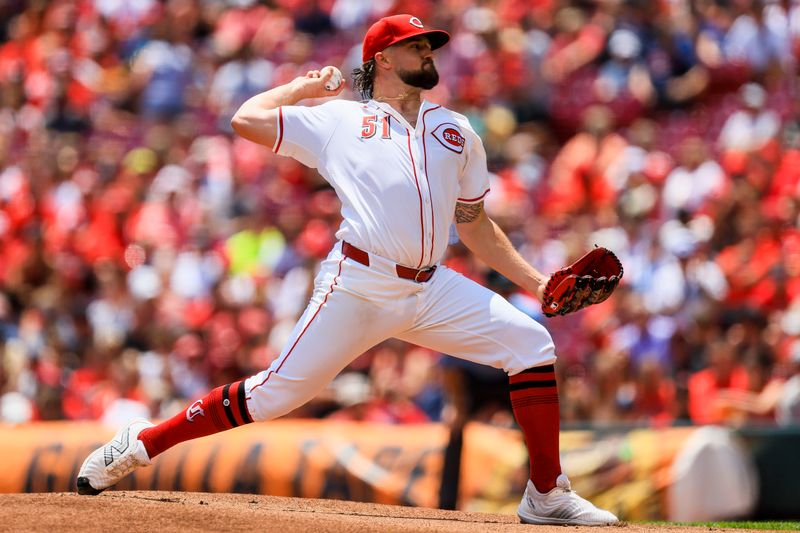 Jul 7, 2024; Cincinnati, Ohio, USA; Cincinnati Reds starting pitcher Graham Ashcraft (51) pitches against the Detroit Tigers in the first inning at Great American Ball Park. Mandatory Credit: Katie Stratman-USA TODAY Sports