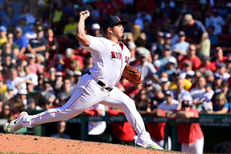 Aug 27, 2023; Boston, Massachusetts, USA; Boston Red Sox relief pitcher Mauricio Llovera (68) pitches against the Los Angeles Dodgers during the ninth inning at Fenway Park. Mandatory Credit: Eric Canha-USA TODAY Sports