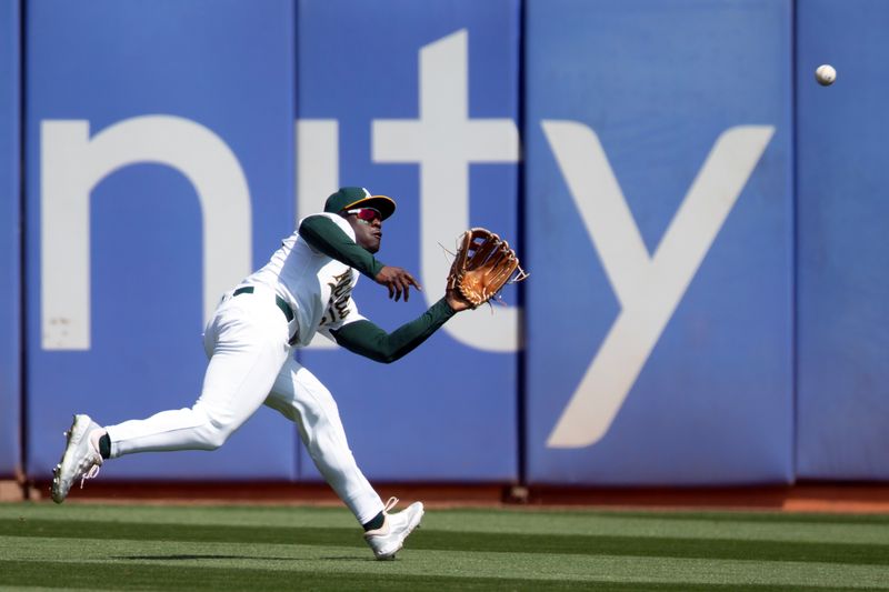 Aug 22, 2024; Oakland, California, USA; Oakland Athletics center fielder Daz Cameron (28) makes a running catch of a line drive by Tampa Bay Rays first baseman Brandon Lowe (not pictured) during the seventh inning at Oakland-Alameda County Coliseum. Mandatory Credit: D. Ross Cameron-USA TODAY Sports