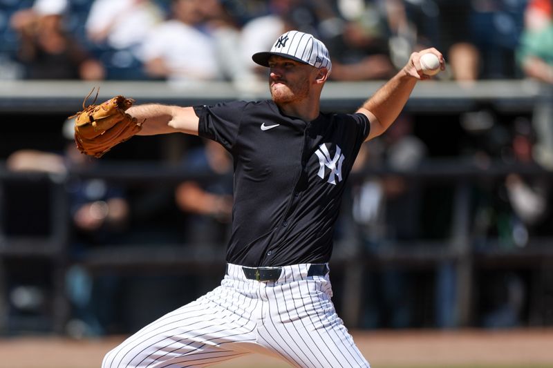 Mar 11, 2025; Tampa, Florida, USA; New York Yankees pitcher Brandon Leibrandt  (89) throws a pitch against the Baltimore Orioles in the fifth inning during spring training at George M. Steinbrenner Field. Mandatory Credit: Nathan Ray Seebeck-Imagn Images