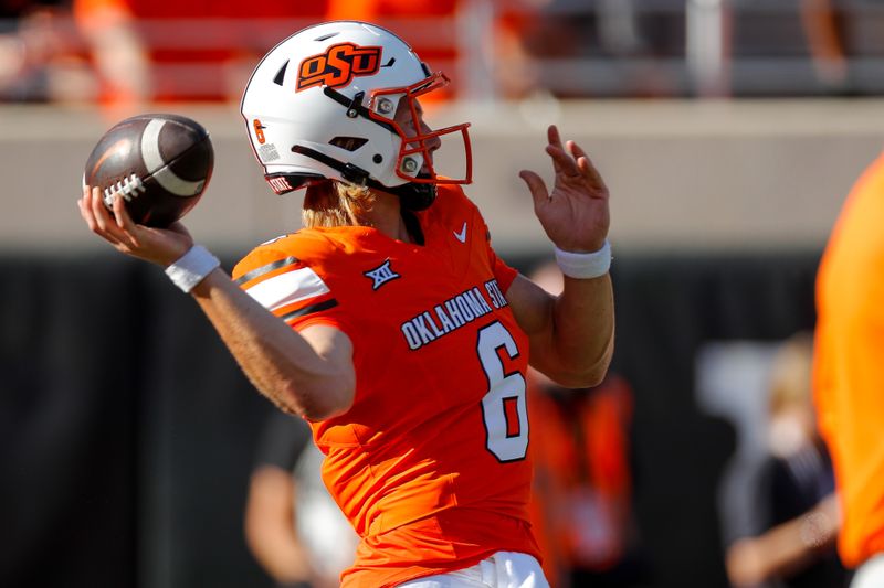 Sep 2, 2023; Stillwater, Oklahoma, USA; Oklahoma State's Zane Flores (6) warms up before an NCAA football game between Oklahoma State and Central Arkansas at Boone Pickens Stadium. Mandatory Credit: Nathan J. Fish-USA TODAY Sports