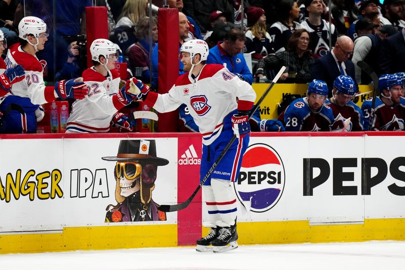 Mar 26, 2024; Denver, Colorado, USA; Montreal Canadiens right wing Joel Armia (40) celebrates his goal against the Colorado Avalanche in the first period at Ball Arena. Mandatory Credit: Ron Chenoy-USA TODAY Sports