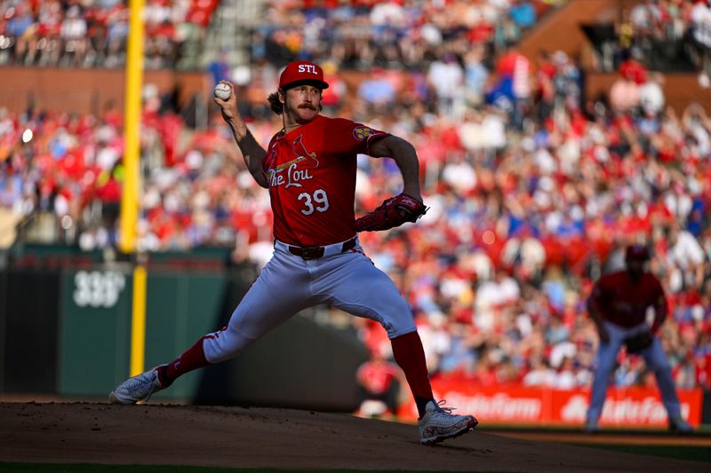 May 25, 2024; St. Louis, Missouri, USA;  St. Louis Cardinals starting pitcher Miles Mikolas (39) pitches against the Chicago Cubs during the first inning at Busch Stadium. Mandatory Credit: Jeff Curry-USA TODAY Sports