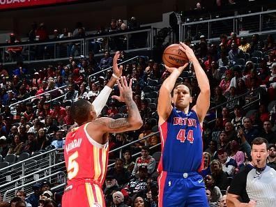 ATLANTA, GA - DECEMBER 18: Bojan Bogdanovic #44 of the Detroit Pistons shoots a three point basket during the game  on December 18, 2023 at State Farm Arena in Atlanta, Georgia.  NOTE TO USER: User expressly acknowledges and agrees that, by downloading and/or using this Photograph, user is consenting to the terms and conditions of the Getty Images License Agreement. Mandatory Copyright Notice: Copyright 2023 NBAE (Photo by Scott Cunningham/NBAE via Getty Images)